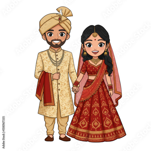 Cartoon Indian Wedding Couple Illustration Bride and Groom in Red Beige