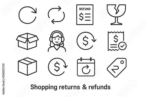 Shopping returns and refunds icons: box, receipt, broken glass, arrows