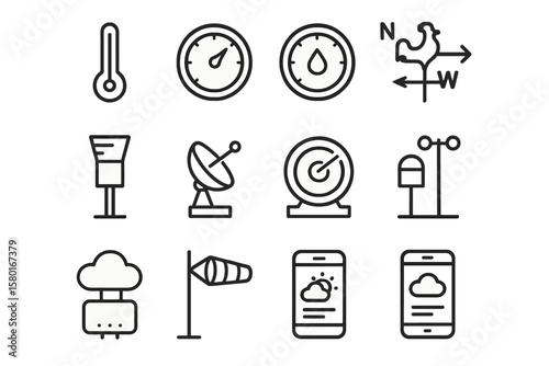 Weather icons set featuring gauges, thermometer, satellite, and cloud symbols