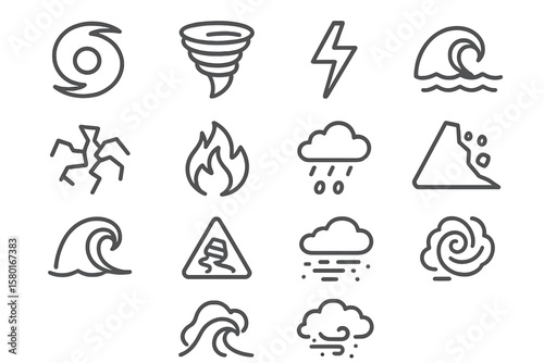 Weather and natural disaster icons: storm, fire, rain, tornado, earthquake, tsunami