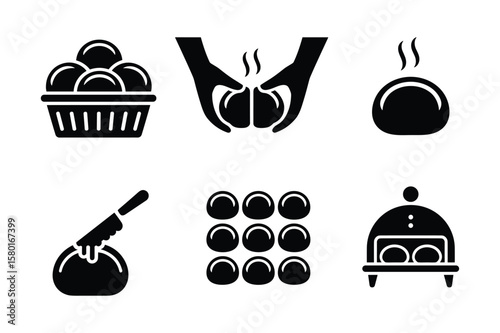 Basket of bread rolls steaming food preparation serving dish hands knife