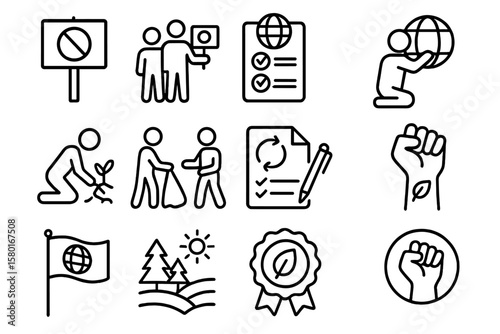 Environmental conservation icons set illustrating sustainable practices