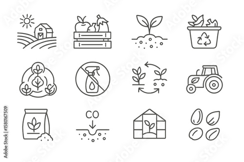 Sustainable farming icons: agriculture, recycling, and eco-friendly practices