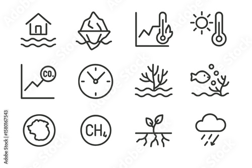 Climate change icons depicting environmental elements and effects