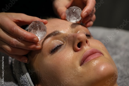 Woman receiving a soothing facial treatment with ice stones to reduce puffiness in a serene spa setting