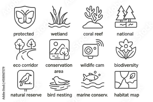 Environmental conservation icons: wetland, coral reef, wildlife cam, national parks