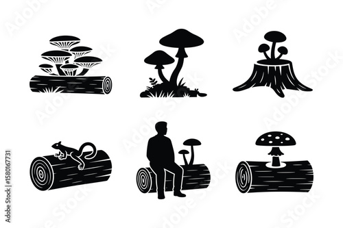 Black silhouettes of mushrooms on logs and a stump with a squirrel and a person vector