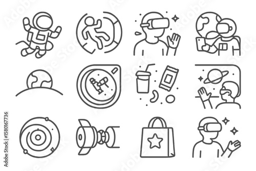 Icon collection: virtual reality and space-themed line art icons