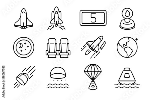 Space exploration icons: shuttle, earth, parachute, moon, launch, capsule