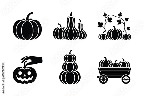 Black silhouette pumpkins and gourds arranged in various harvest scenes squash autumn