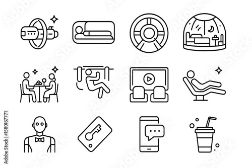 Minimalist travel icons for airplane services and amenities