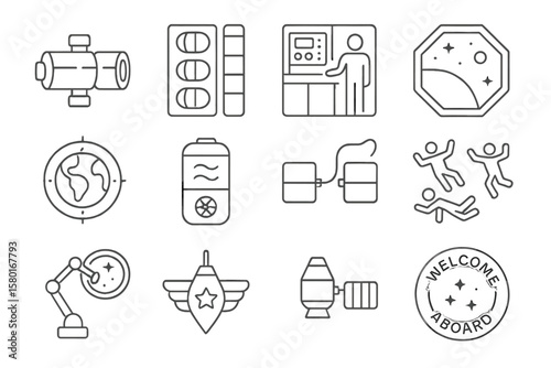 Futuristic spacecraft icons on metallic background
