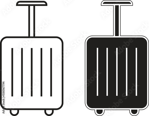 Upright luggage icon representing vacation travel suitcase, wheeled baggage or tourism packing with transparent background