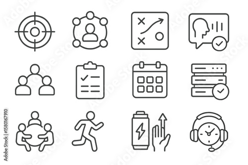 Business strategy icons: planning, communication, and task management
