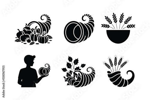Cornucopia harvest symbols with person silhouette pumpkins wheat