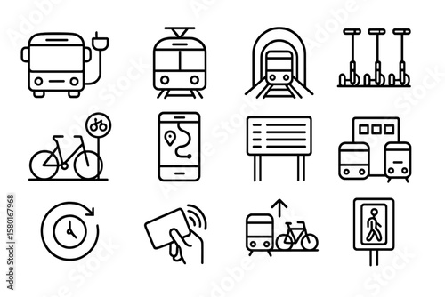Transportation icons set: bus, train, bicycle, scooters, mobile, tickets, route