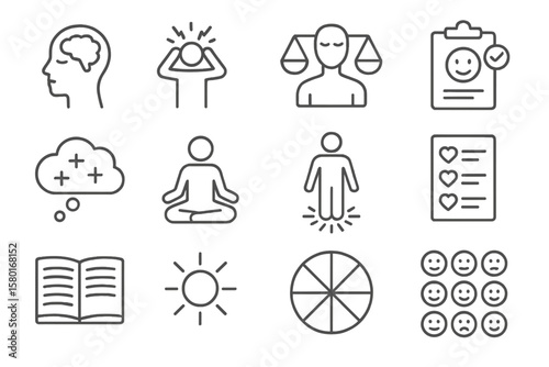 Minimalist icons for mental health and mindfulness on gray background