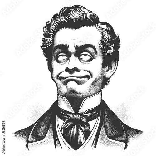 smug Victorian gentleman with exaggerated facial features and eyes rolled upward in sarcasm sketch engraving generative ai fictional character vector illustration. Scratch board. Black and white.