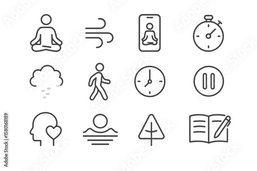 Minimalist mindfulness icons including meditation, nature, and relaxation symbols
