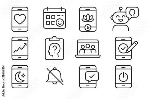 Set of minimalist smartphone app icons on dark background