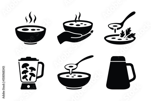 Hot soup bowls blender and thermos steam spoon