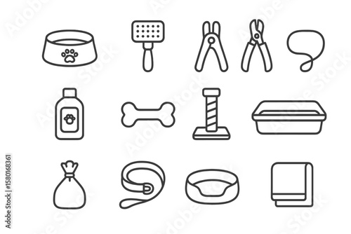 Pet care essentials: bowls, brushes, clippers, and leashes in simple icon design