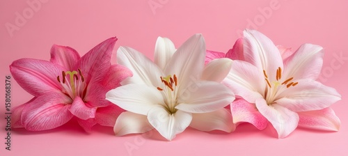 Elegant floral arrangement of white lilies on a soft pink surface, creating a serene ambiance.