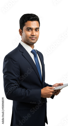 Confident Indian Businessman in Suit Holding Tablet Transparent PNG