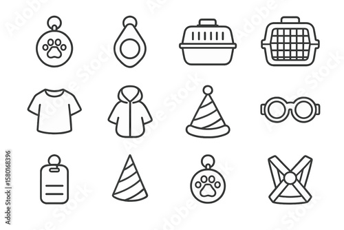 Pet accessories icons: carriers, clothing, tags, glasses, harnesses, hats