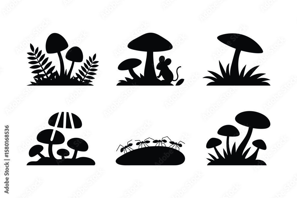 Naklejka premium Mushroom and insect silhouettes with foliage and grass mushrooms ants