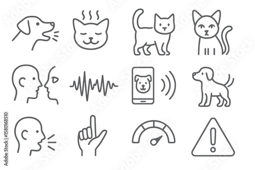 Icons of dog and cat communication with human interaction and attention symbols