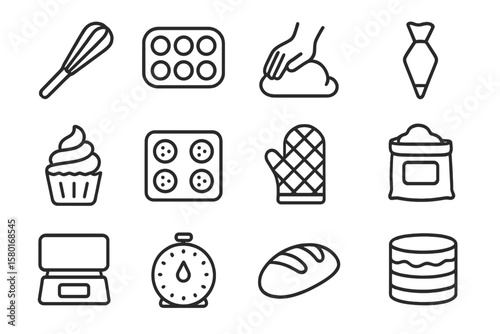 Baking icons: whisk, dough, cupcake, oven, mitt, bread, cake, timer, bag