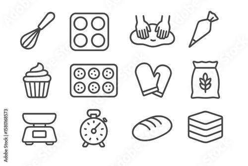 Baking essentials icons: tools, ingredients, and baking symbols on metallic background