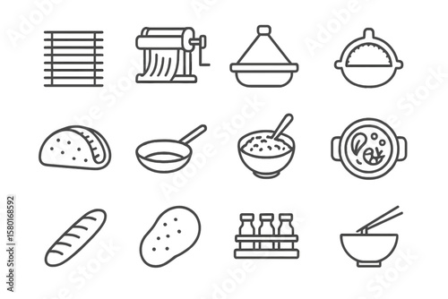 Outlined icons of diverse cuisine and kitchen utensils on gradient background