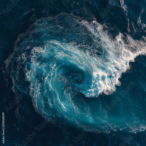 Aerial view of deep blue ocean waves forming abstract spiral patterns