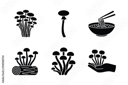 Mushroom cluster bowl of noodles single mushroom log and hand chopsticks