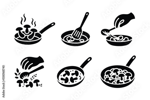 Mushroom cooking process icons fork spoon