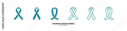 Striking teal ribbon vector icons for Ovarian Cancer awareness. This versatile collection includes both solid and clean line art styles for impactful health campaigns