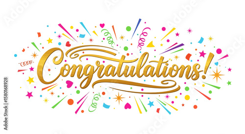 Festive Gold Script Congratulations with Colorful Confetti and Celebration Elements.