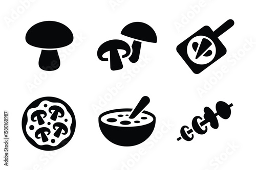 Mushroom icons featuring whole mushrooms pizza soup and skewers food