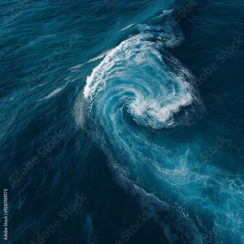 Aerial view of deep blue ocean waves forming abstract spiral patterns