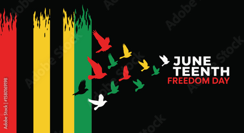 Symbolic Juneteenth Celebration with Colorful Birds and Freedom Day Text.