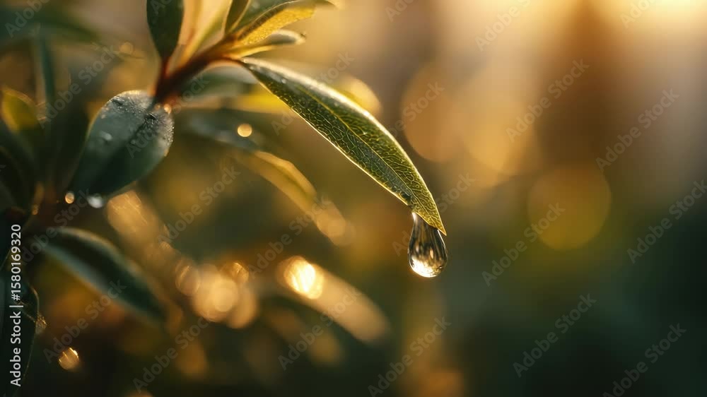Golden dew drop on leaf in morning sunlight