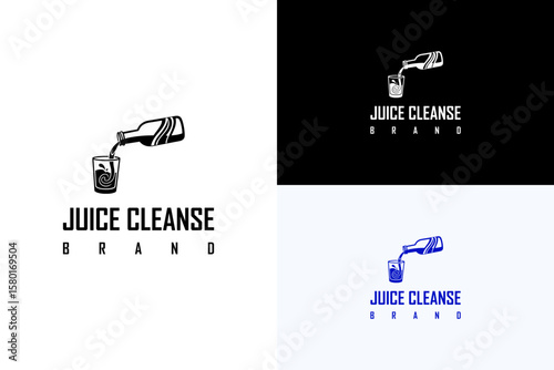 illustration of glass with juice being poured from a bottle, vector logo for drinks, juice shop, green, herbal treatment, healthy juice, natural, detox juice, smoothies, juice cleanse brand, and more