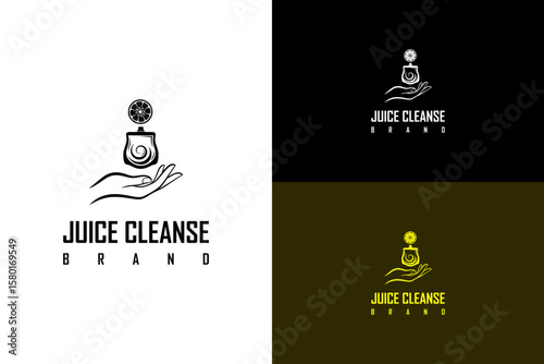 hand holding a juice pouch with citrus slice vector illustration, logo for smoothies, juice shop, detox juice, natural, healthy, fitness, drinks, organic, green, juice cleanse brand, and more