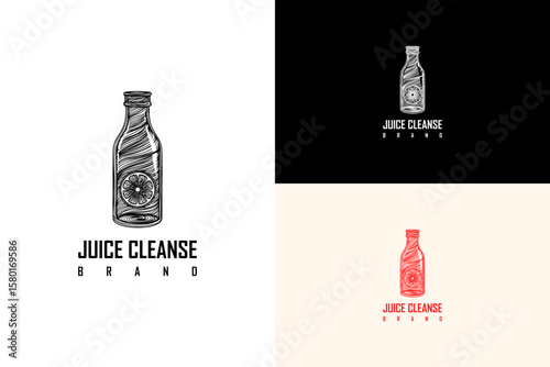 vector illustration of juice bottle formed with spiral lines with citrus slice, logo for detox juice, natural, green, organic, herbal, juice shop, smoothies brand, juice cleanse brand, and more