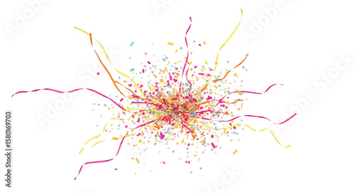 Colorful confetti and streamers bursting from the center celebratory design.