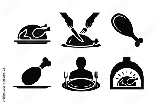 Roasted chicken preparation and serving icons chicken leg carving