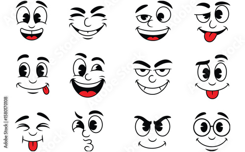 Happy faces expressions. Funny mouthed and eyes emotions, face sketch cartoon caricatures joy design elements kit. collection of cartoon faces with different expressions isolated on white background