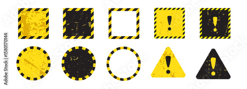 Yellow black caution sign. Warning round and square banner, attention sign